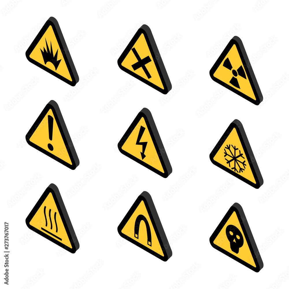 Warning icons, toxin and danger vector illustration symbol in flat isometric style isolated on background Warning icons, toxin and danger vector illustration symbol in flat isometric style isolated on background