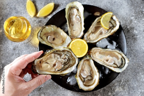 Open fresh oysters with lemon slices on a dish with ice cubes. Top view. 