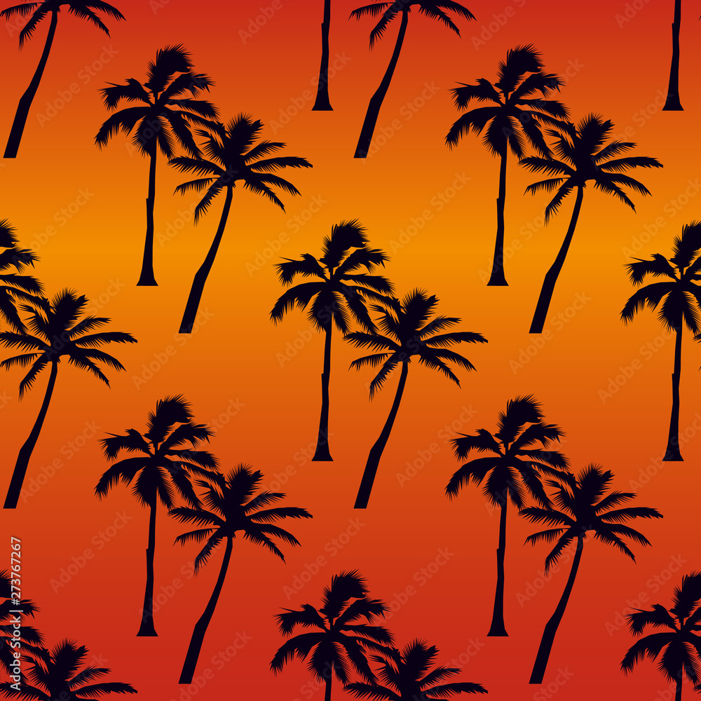 tropical seamless pattern - purple and purple palms trees on an orange background