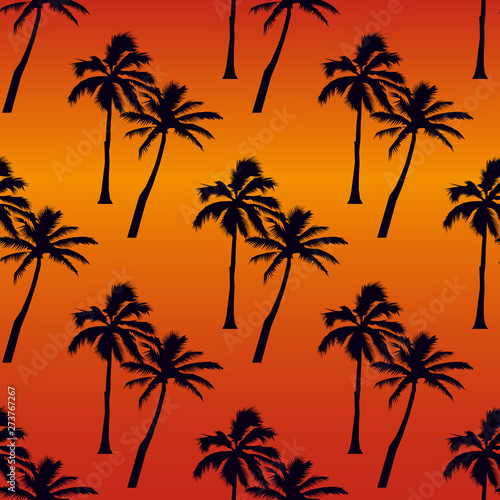 tropical seamless pattern - purple and purple palms trees on an orange background © alxyzt