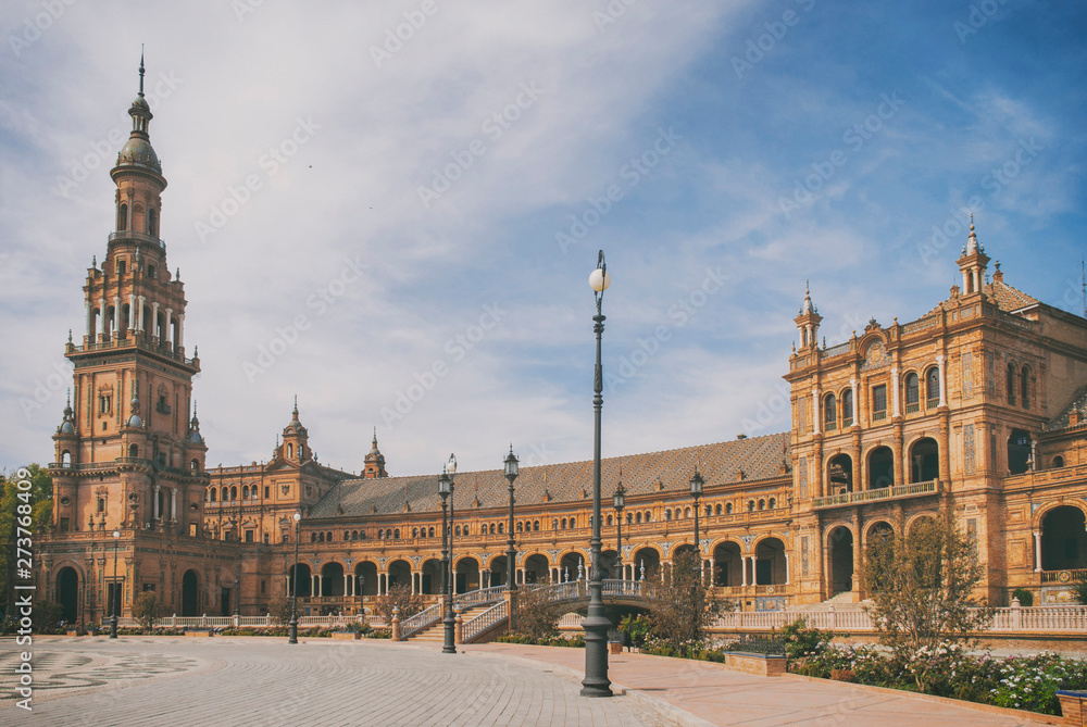 View of the Plaza de España in Seville without people with warm colors and analog tones