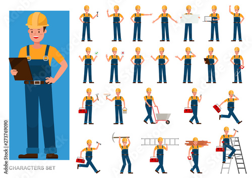 Set of Builder people working character vector design. Presentation in various action with emotions, running, standing and walking.