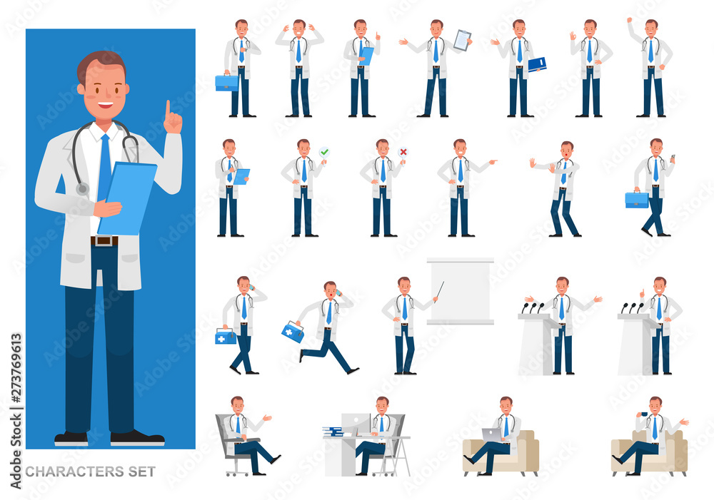 Set of Doctor working character vector design. Presentation in various action with emotions, running, standing and walking. Set of Doctor working character vector design. Presentation in various action with emotions, running, standing and walking.