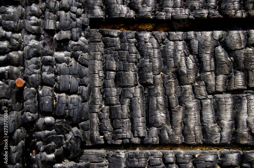 Black burnt wall of house of wooden planks with embossed texture. damage to the building from fire without the possibility of restoration. property insurance