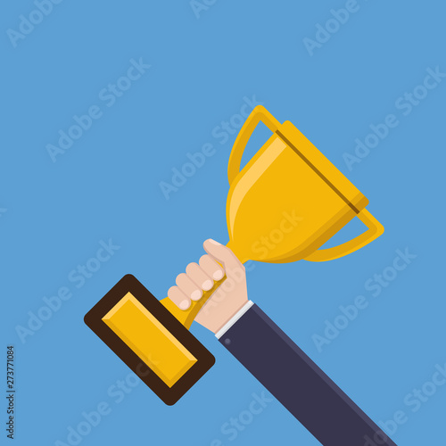 Businessman hand hold championship trophy flat design vector illustration