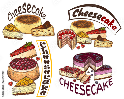 Vector illustration of sketch hand drawn logo cheesecake with strawberry, cherry, blackberry. Bakery, pastry, sweet cake background, Vintage label, flyer, menu, cafe, restaurant, shop, confectionery.