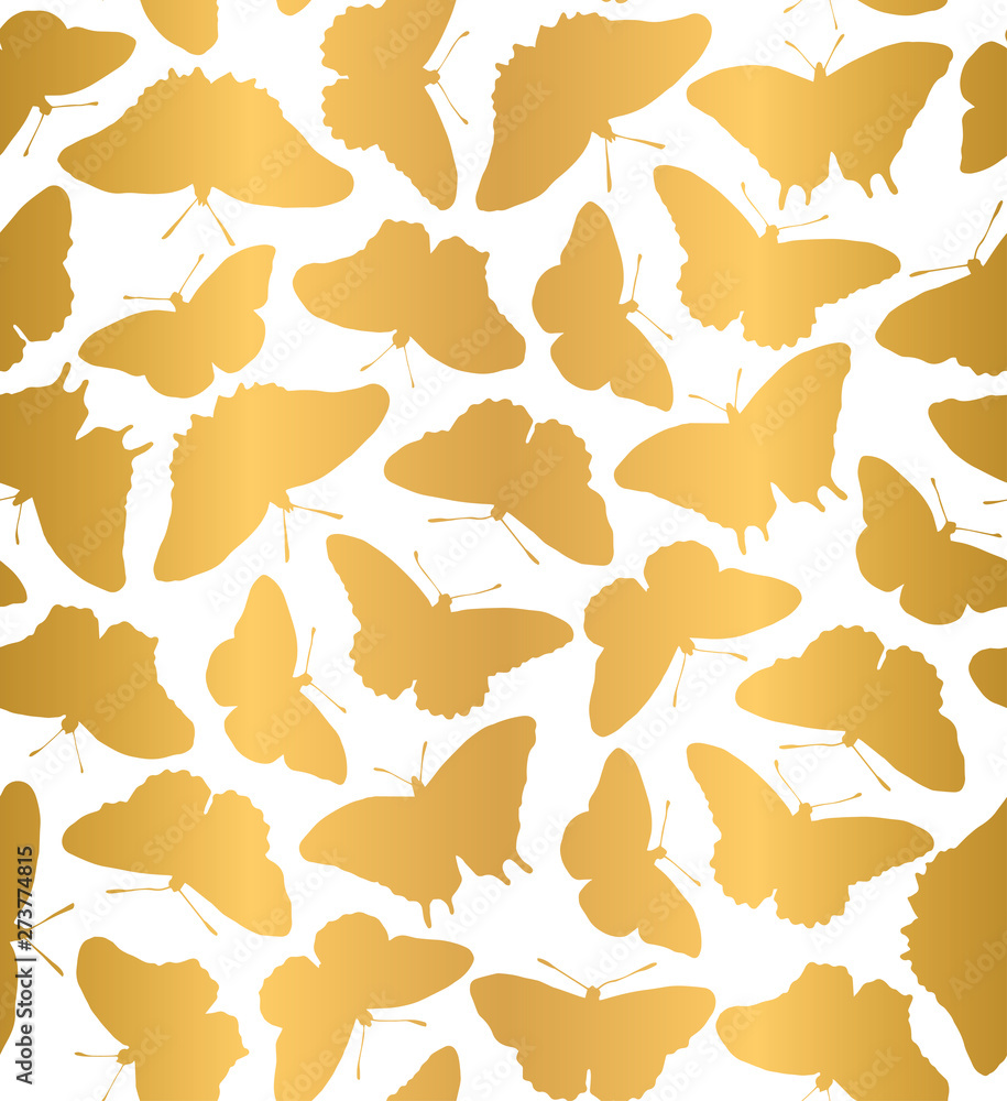 Fototapeta premium Simple butterflies flying seamless pattern on white in golden gradient. Elegant collection of butterflies in gold foil for backgrounds, fashion, textile, wrapping paper and wallpaper