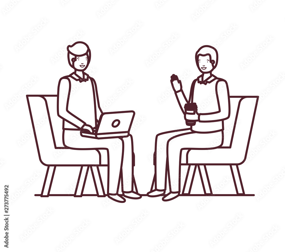 silhouette of men sitting in chair with laptop on white background