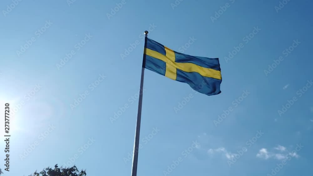 Flag of sweden swirling in the wind. Swedish flag with blue and yellow colors flutter. FullHD 120fps Presented as 30fps.