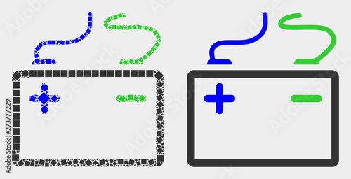 Pixel and flat accumulator battery icons. Vector mosaic of accumulator battery constructed of irregular square elements and circle points.