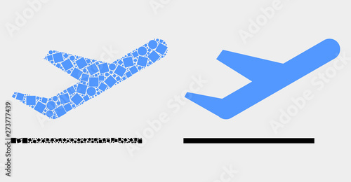 Pixel and flat airplane takeoff icons. Vector mosaic of airplane takeoff constructed of randomized rectangle elements and circle elements.