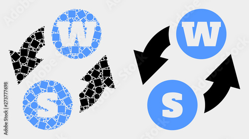 Dot and flat alphabet characters exchange icons. Vector mosaic of alphabet characters exchange designed of irregular square dots and circle dots.