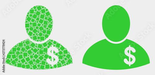 Dot and flat banker icons. Vector mosaic of banker created of randomized dots and round dots.