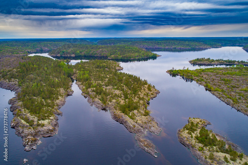 Republic of Karelia. Russia. Karelian Islands top panorama from a drone. Ladoga lake. Karelian water area panorama. Islands in Lake Ladoga. Northern nature of Russia. Karelian landscapes. © Grispb