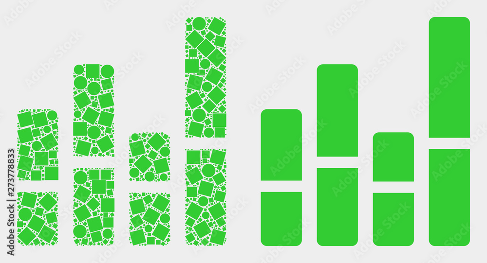 Pixel and flat bar chart icons. Vector mosaic of bar chart composed of random rectangle elements and spheric points. Pixel and flat bar chart icons. Vector mosaic of bar chart composed of random rectangle elements and spheric points.