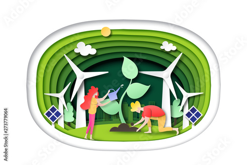 Paper art of people plant tree on green eco city and clean energy with green layer template.Environment and ecology conservation concept background.Vector illustration.