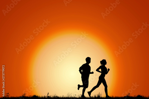 Silhouete of people running exercise in the evening