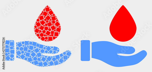 Dotted and flat blood donation hand icons. Vector mosaic of blood donation hand created of irregular small squares and spheric pixels.