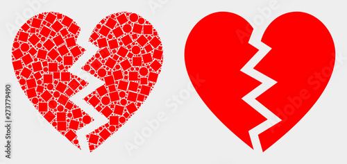 Dot and flat broken heart icons. Vector mosaic of broken heart composed of irregular dots and round dots.