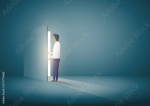 Businessman opening door. business concept. Symbol of new career, opportunities, business ventures and challenges. Eps10 vector illustration.