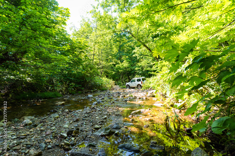 Obraz premium RV車で渓流沢を渡る