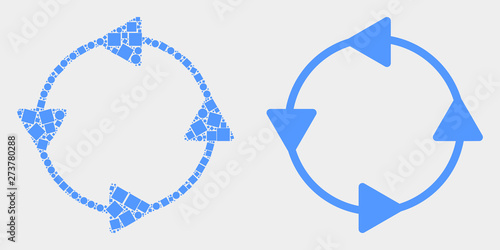 Dot and flat CCW circulation arrows icons. Vector mosaic of CCW circulation arrows composed of randomized square dots and round dots.