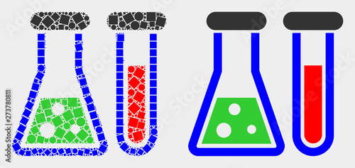 Pixel and flat chemical glassware icons. Vector mosaic of chemical glassware composed of random square elements and spheric dots.