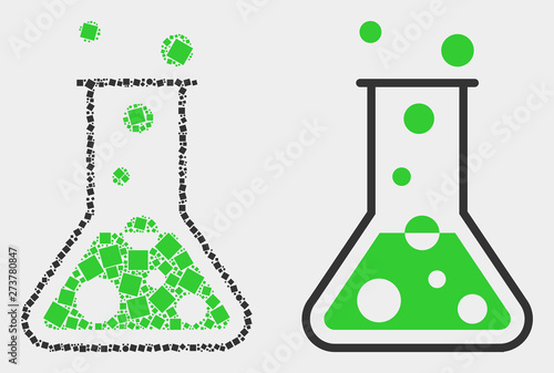 Dot and flat chemical retort icons. Vector mosaic of chemical retort designed of irregular square dots and spheric dots.