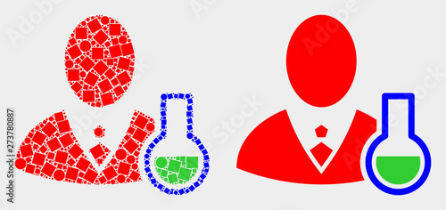 Dot and flat chemical scientist icons. Vector mosaic of chemical scientist designed of randomized rectangle elements and round dots.
