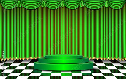 green podium with green curtain on the stage