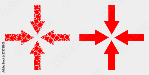 Dot and flat collapse arrows icons. Vector mosaic of collapse arrows formed of randomized square dots and spheric dots.