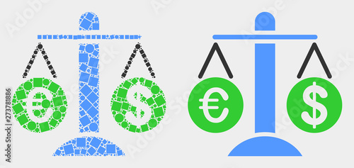 Pixel and flat compare euro dollar icons. Vector mosaic of compare euro dollar designed of random square elements and round pixels.