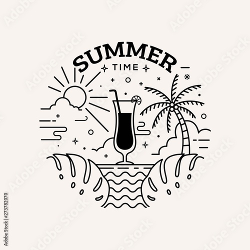 Summer time label flat style with line art vector illustration