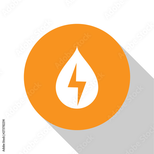 White Water energy icon isolated on white background. Ecology concept with water droplet. Alternative energy concept. Orange circle button. Vector Illustration