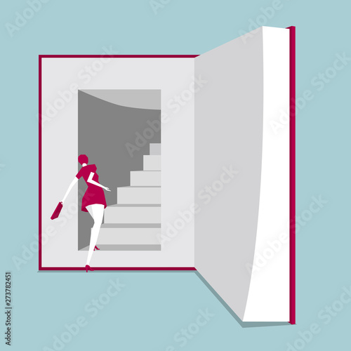 A girl walked into the book. Isolated on blue background.