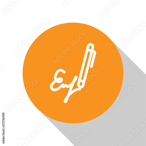 White Signature line icon isolated on white background. Pen and undersign, underwrite, ratify symbol. Orange circle button. Vector Illustration