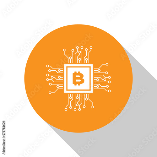 White CPU mining farm icon isolated on white background. Bitcoin sign inside processor. Cryptocurrency mining community. Digital money. Orange circle button. Flat design. Vector Illustration