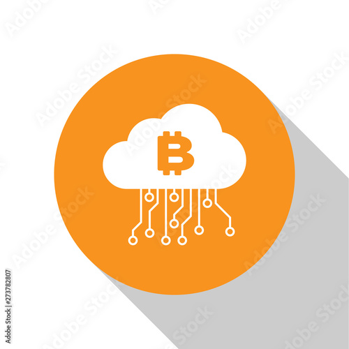 White Cryptocurrency cloud mining icon isolated on white background. Blockchain technology, bitcoin, digital money market, cryptocoin wallet. Orange circle button. Flat design. Vector Illustration