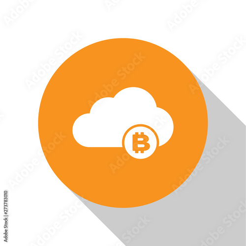 White Cryptocurrency cloud mining icon isolated on white background. Blockchain technology, bitcoin, digital money market, cryptocoin wallet. Orange circle button. Flat design. Vector Illustration