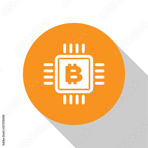 White CPU mining farm icon isolated on white background. Bitcoin sign inside microchip. Cryptocurrency mining community. Digital money. Orange circle button. Flat design. Vector Illustration