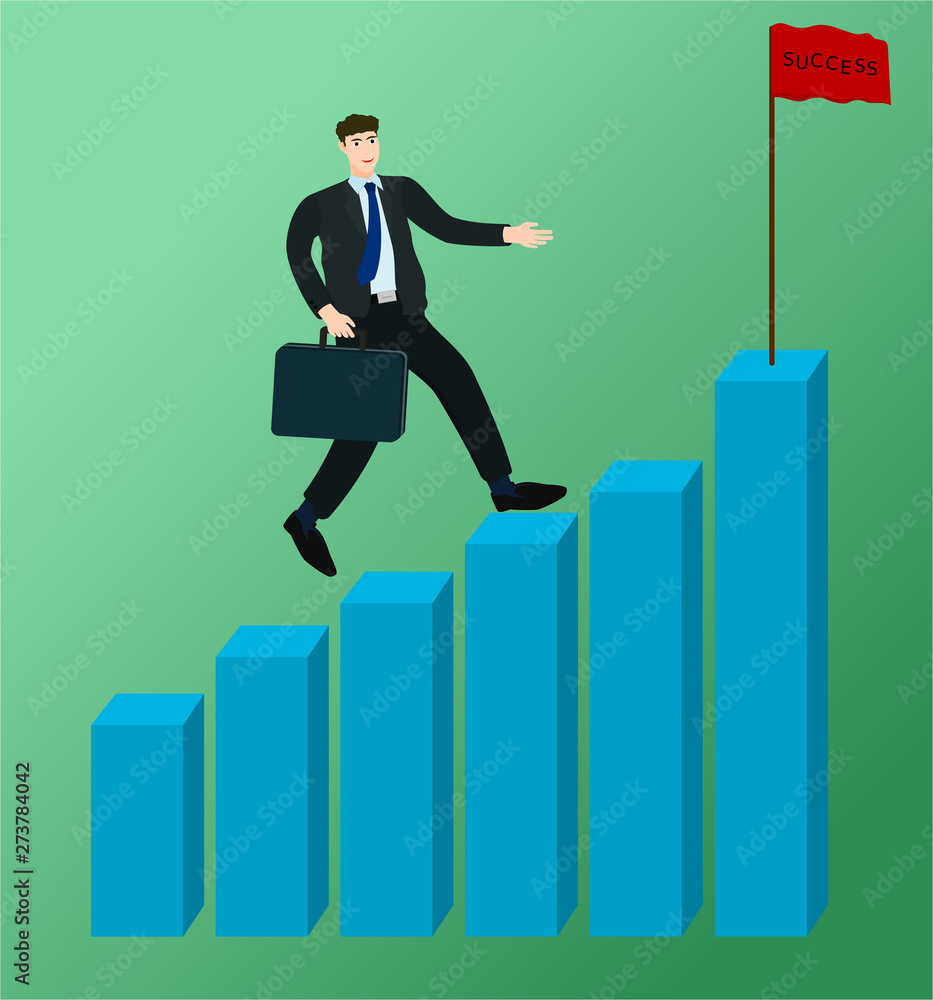 Businessman running on growth profit graph to success flag , vector cartoon