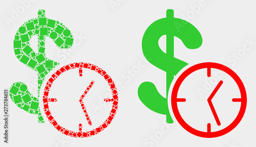Dot and flat dollar credit time icons. Vector mosaic of dollar credit time organized of randomized square particles and circle elements.