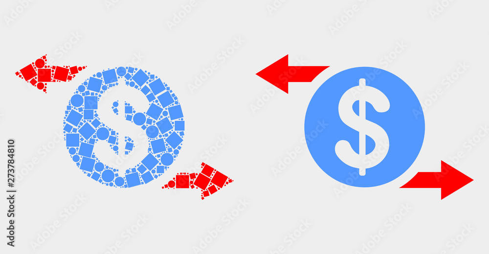 Dot and flat dollar exchange arrows icons. Vector mosaic of dollar exchange arrows formed of random square dots and circle items. Dot and flat dollar exchange arrows icons. Vector mosaic of dollar exchange arrows formed of random square dots and circle items.