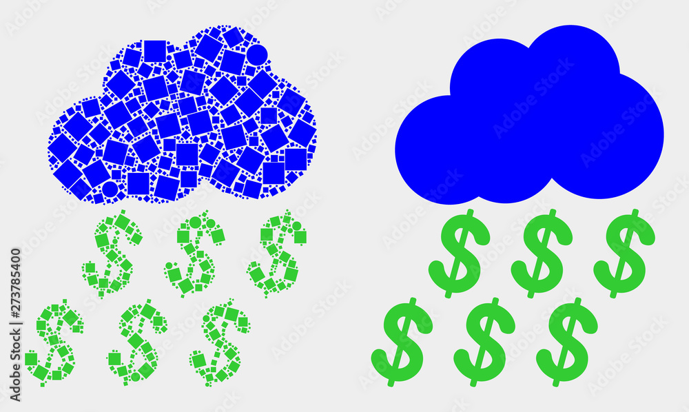 Dotted and flat dollar rain cloud icons. Vector mosaic of dollar rain ...