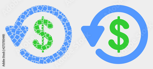Dotted and flat dollar refund icons. Vector mosaic of dollar refund formed of randomized square particles and spheric dots.