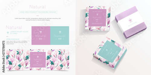 Natural logo and packaging design template. Natural soap package mockup created by vector. Watercolor floral pattern for branding and corporate identity design.