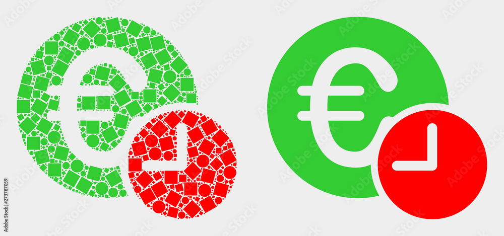 Pixel and flat euro credit time icons. Vector mosaic of euro credit time formed of random dots and round dots. Pixel and flat euro credit time icons. Vector mosaic of euro credit time formed of random dots and round dots.