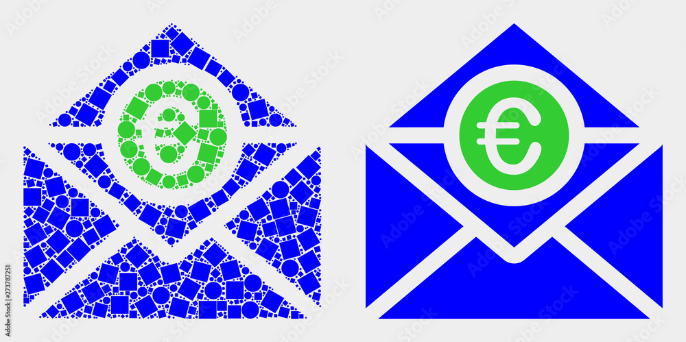 Dot and flat euro mail icons. Vector mosaic of euro mail constructed of random rectangle elements and spheric elements. Dot and flat euro mail icons. Vector mosaic of euro mail constructed of random rectangle elements and spheric elements.