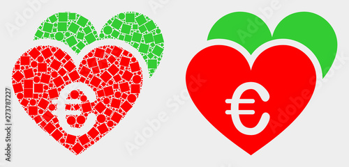 Pixel and flat euro love hearts icons. Vector mosaic of euro love hearts created of scattered square dots and spheric dots.