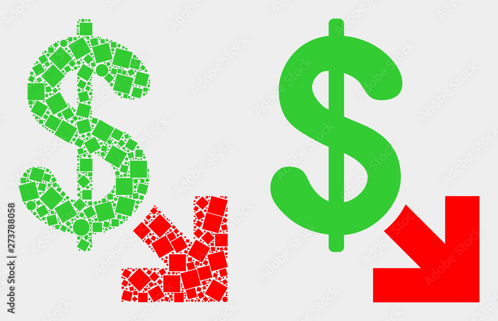 Pixel and flat export dollar icons. Vector mosaic of export dollar designed of scattered square elements and circle elements. Pixel and flat export dollar icons. Vector mosaic of export dollar designed of scattered square elements and circle elements.
